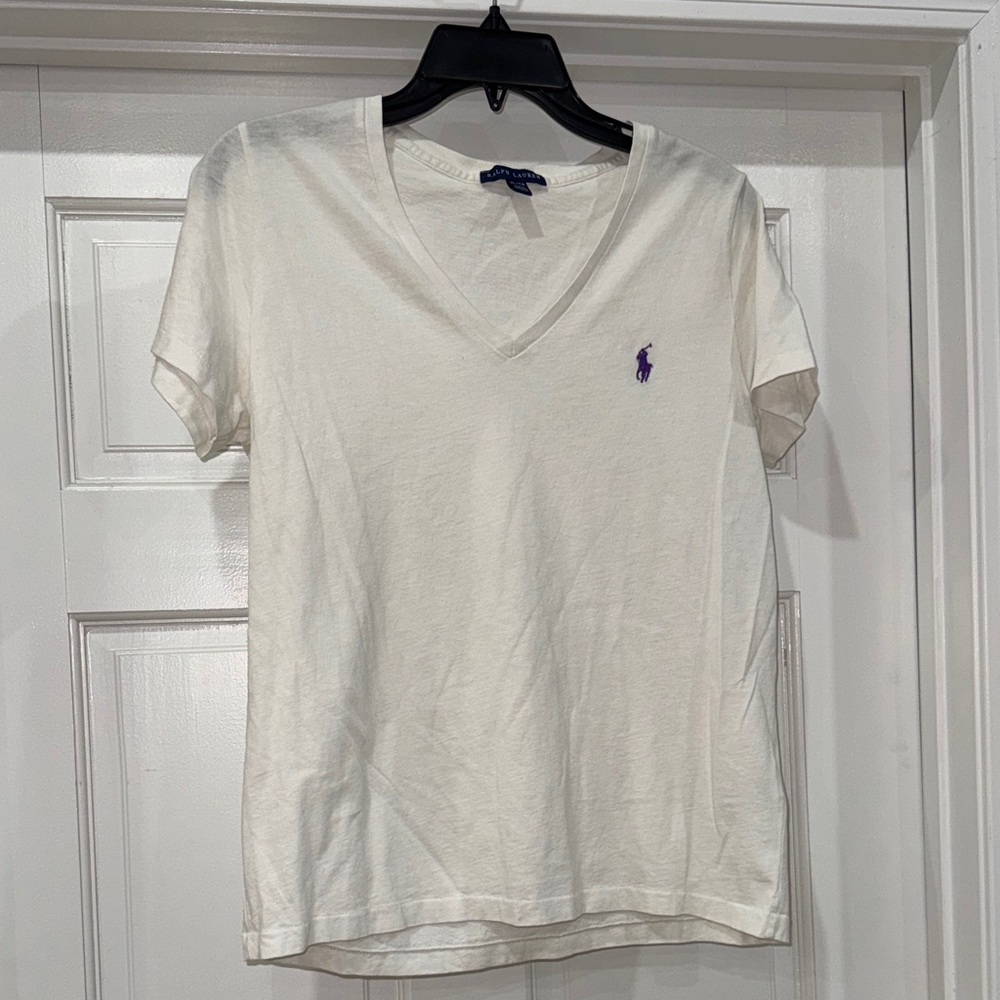 Ralph Lauren Cream V-Neck Tee with Purple Logo